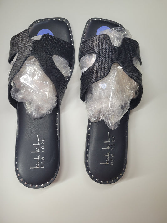 Nicole Miller New York Black Woven Cross-Strap Slide Sandals – Silver Stud Detail – New