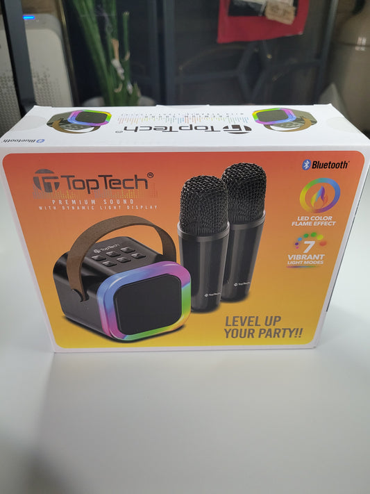 TopTech Premium Bluetooth Karaoke Speaker Set with 2 Wireless Microphones – LED Light Show – New in Box