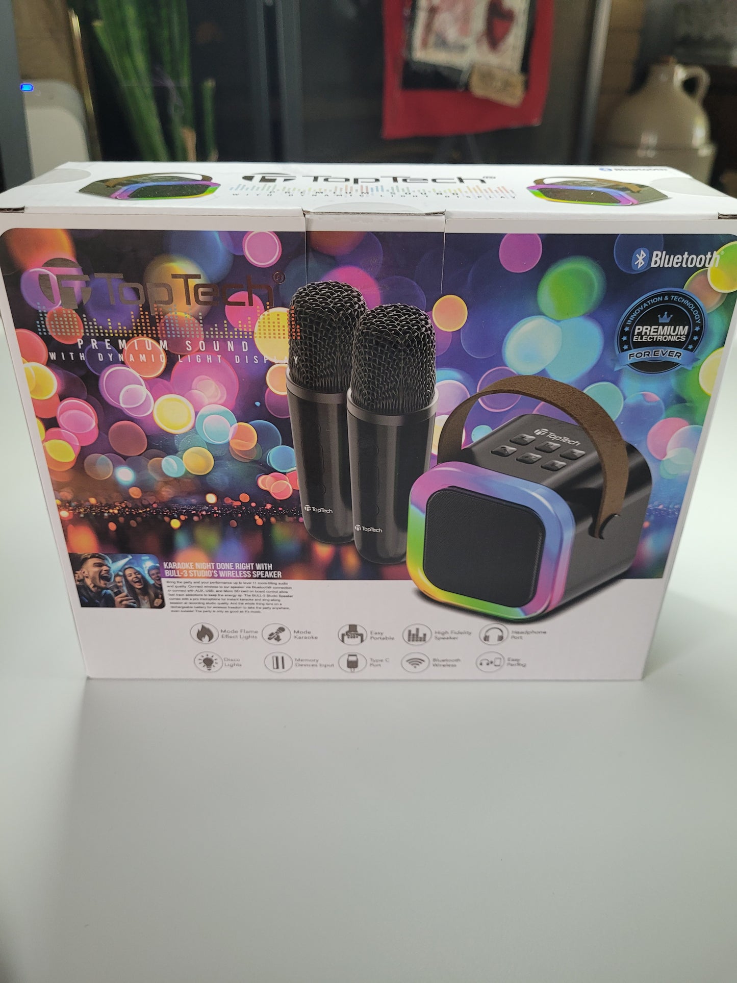 TopTech Premium Bluetooth Karaoke Speaker Set with 2 Wireless Microphones – LED Light Show – New in Box