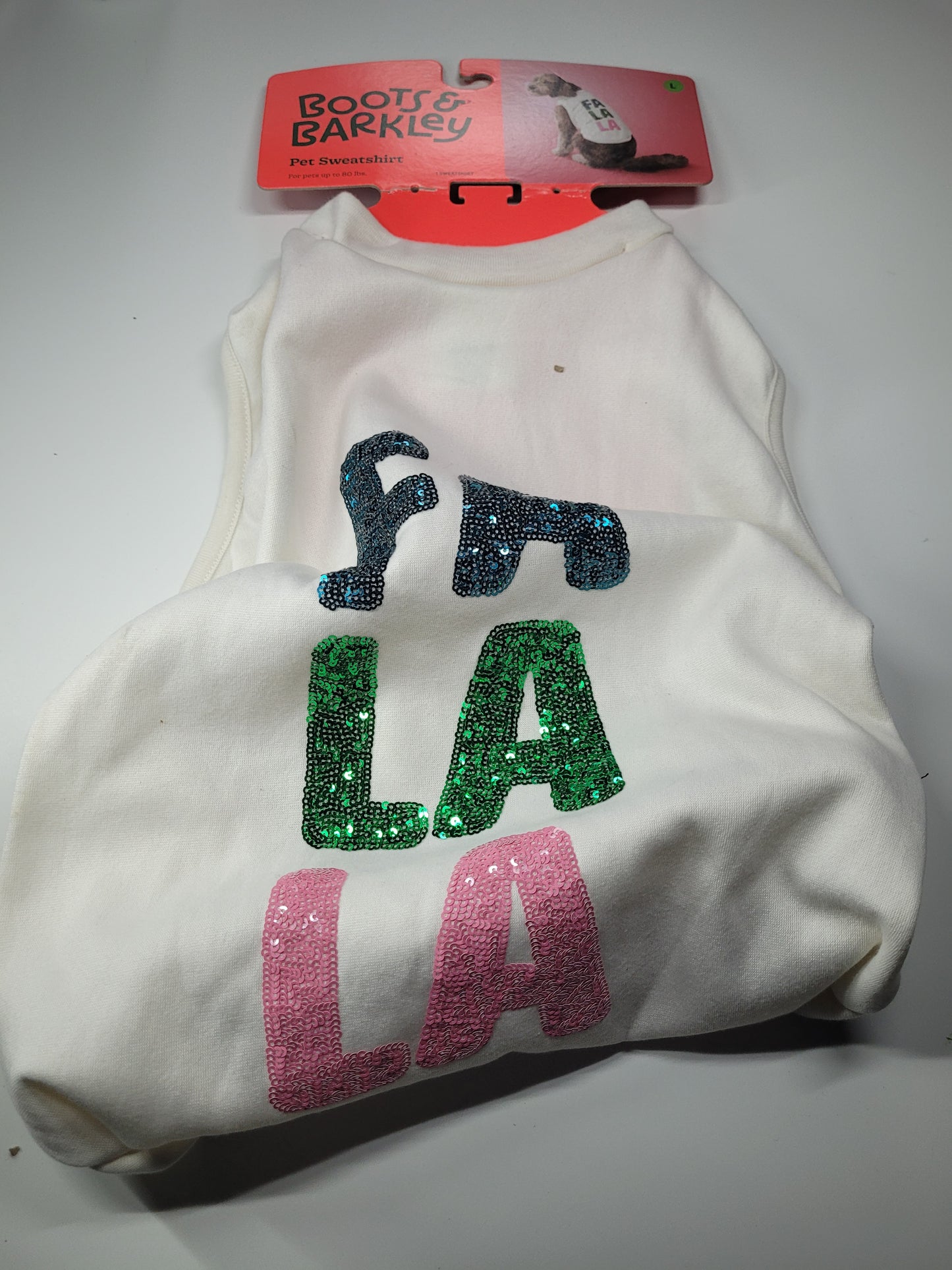 Boots & Barkley “Fa La La” Holiday Dog Sweatshirt — Size Large