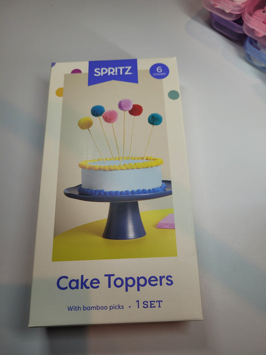 Spritz Pom Pom Ball Cake Toppers with Bamboo Picks – 6 Count – Rainbow Colors – New