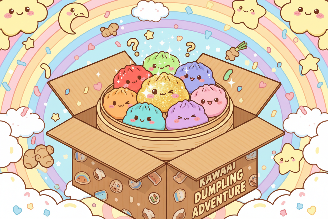 Colorful kawaii squishy dumplings in a bamboo steamer with rainbow colors and golden glitter dumpling