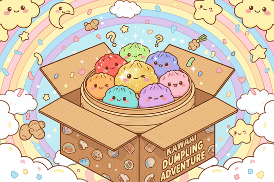 Colorful kawaii squishy dumplings in a bamboo steamer with rainbow colors and golden glitter dumpling