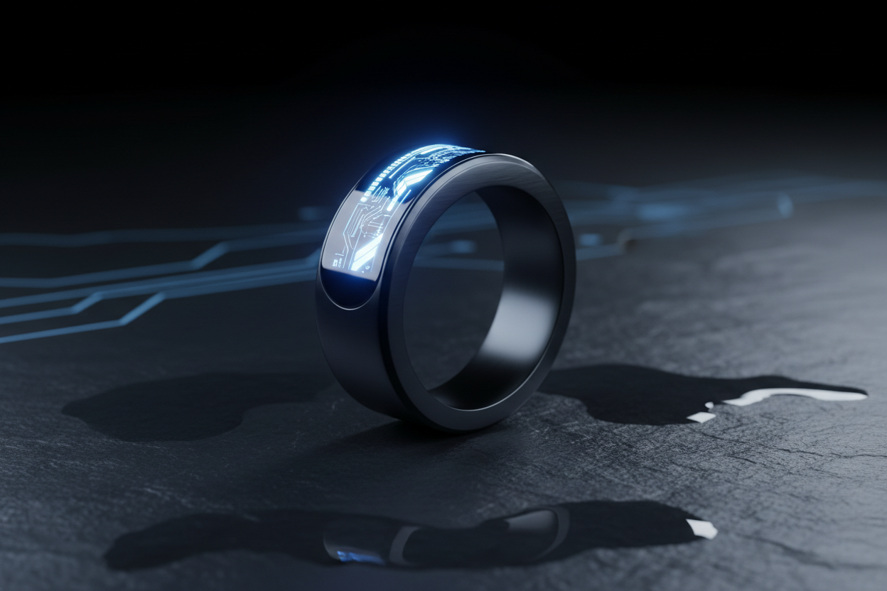 Futuristic LED smart ring with glowing digital display on dark background