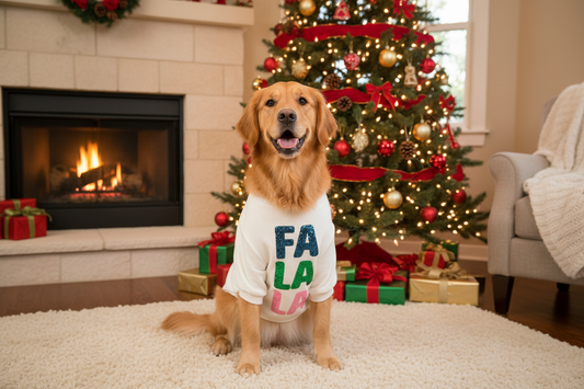 Dog wearing Fa La La holiday sweatshirt in Christmas living room setting