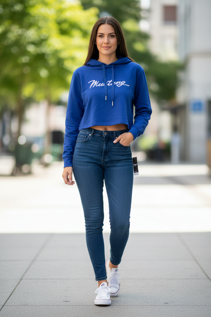 Women's royal blue Ford Mustang crop hoodie styled with high-waisted jeans and white sneakers
