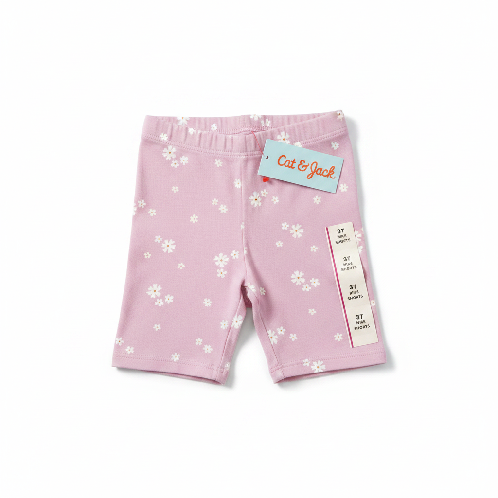 Cat & Jack pink floral bike shorts flat lay on white background