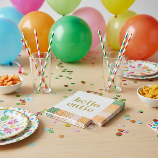Hello Cutie napkins styled in a fun party scene