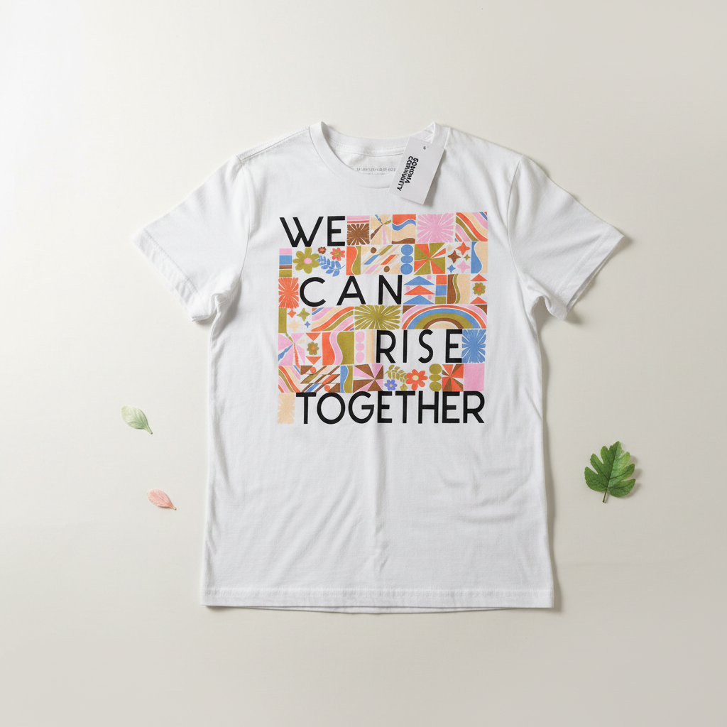 Sonoma Community We Can Rise Together white graphic tee flat lay