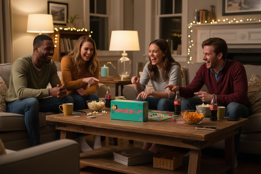 LINKEE board game on a cozy game night table with friends laughing and snacks nearby