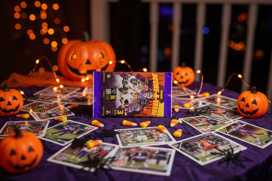 Panini Score-A-Treat NFL card pack displayed on Halloween-themed table with football cards and orange decorations