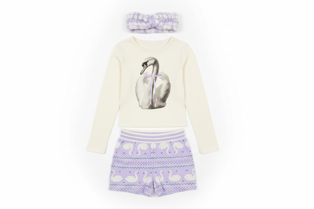 Art Class girls pajama set front-facing flat lay with swan top, lavender shorts, and spa headband