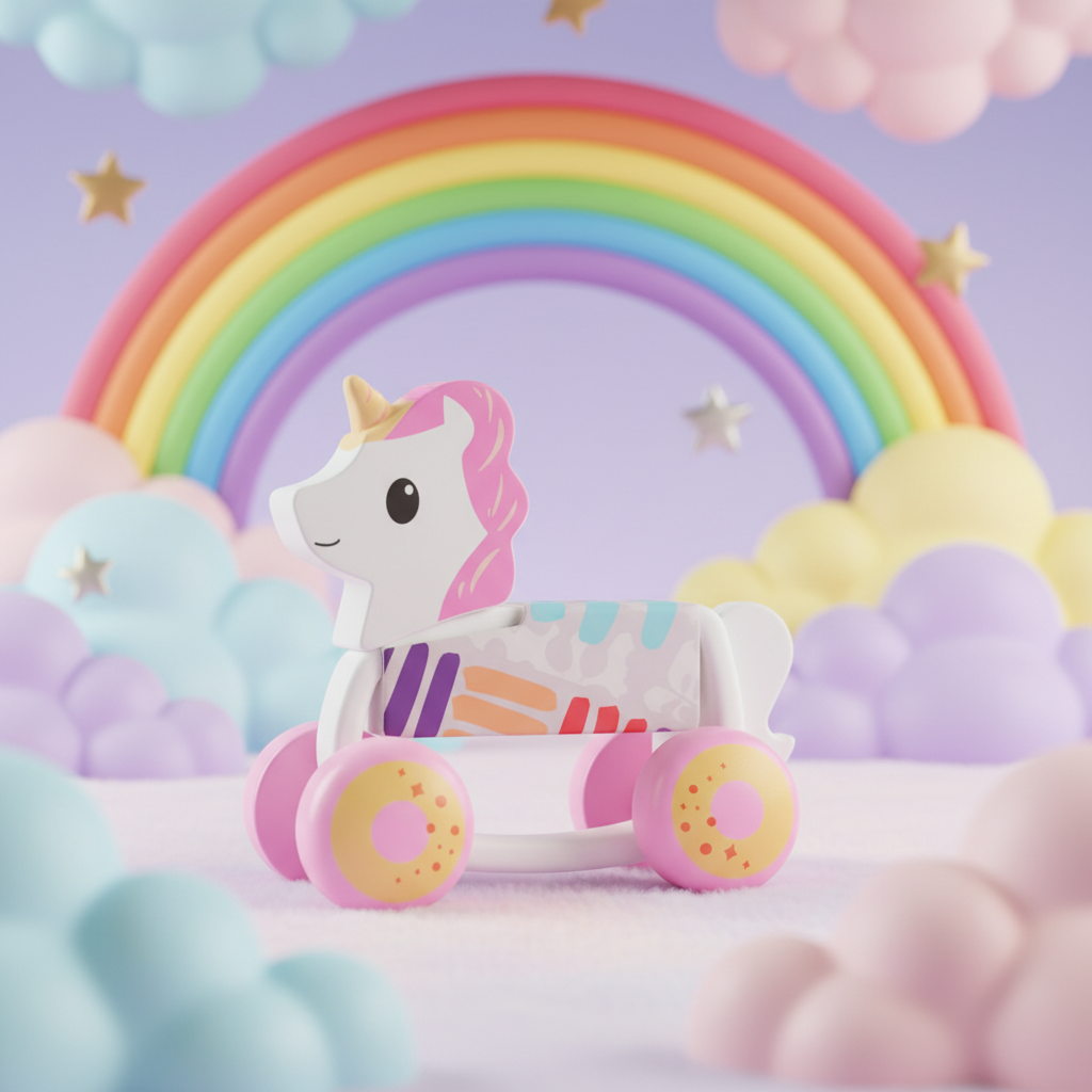 Rolling Unicorn silicone baby toy in a magical pastel scene