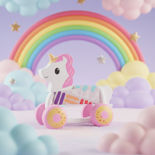 Rolling Unicorn silicone baby toy in a magical pastel scene
