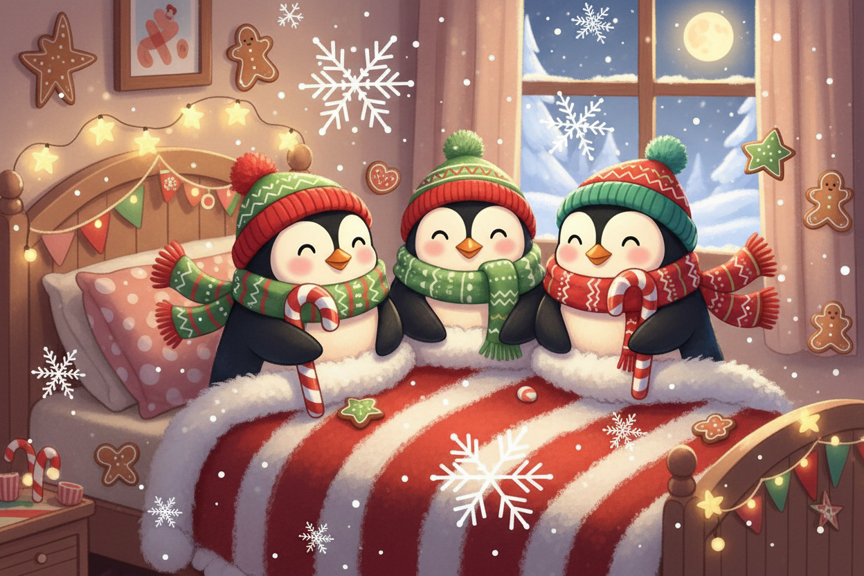 Cute cartoon penguins with scarves snuggled under a fuzzy throw blanket in a cozy winter scene