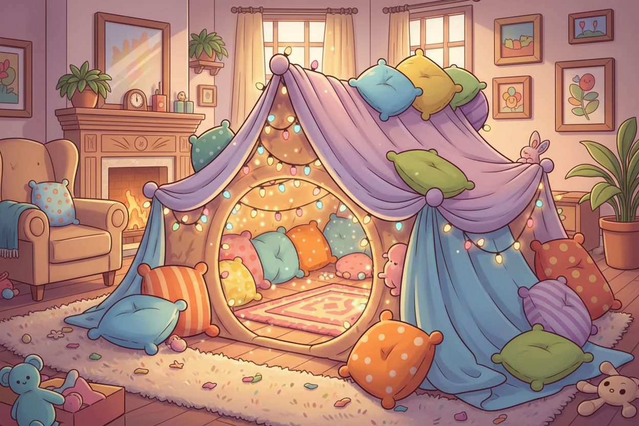 Whimsical colorful pillow fort with fairy lights in cartoon style