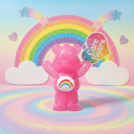 Care Bears Cheer Bear slime in bear-shaped case in a fun colorful scene