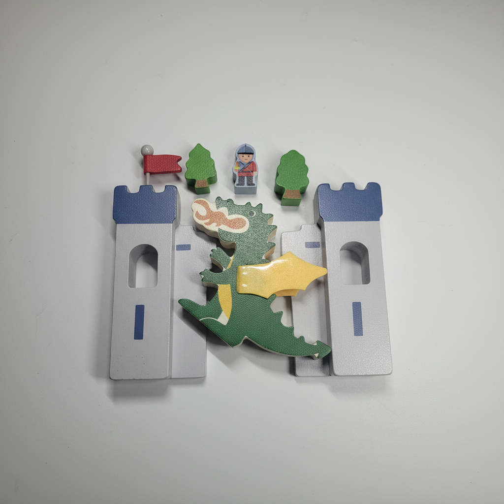 Wooden dragon and castle toy set on white background