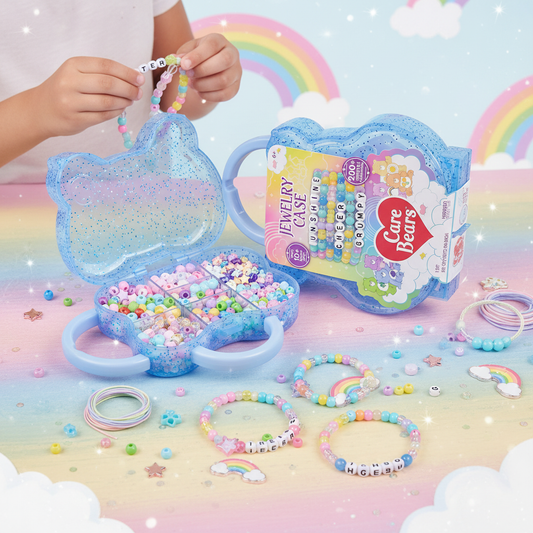 Care Bears jewelry bead kit styled in a fun colorful crafty scene