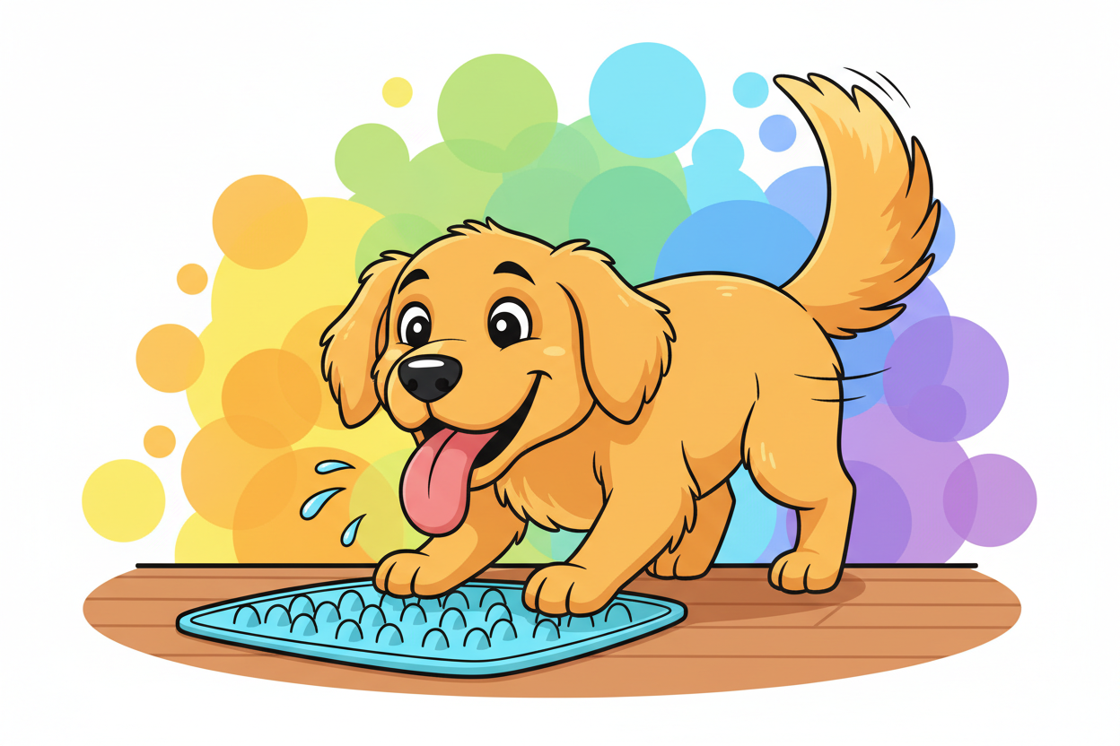Happy golden retriever licking a light blue silicone slow feeder lick mat with tongue out