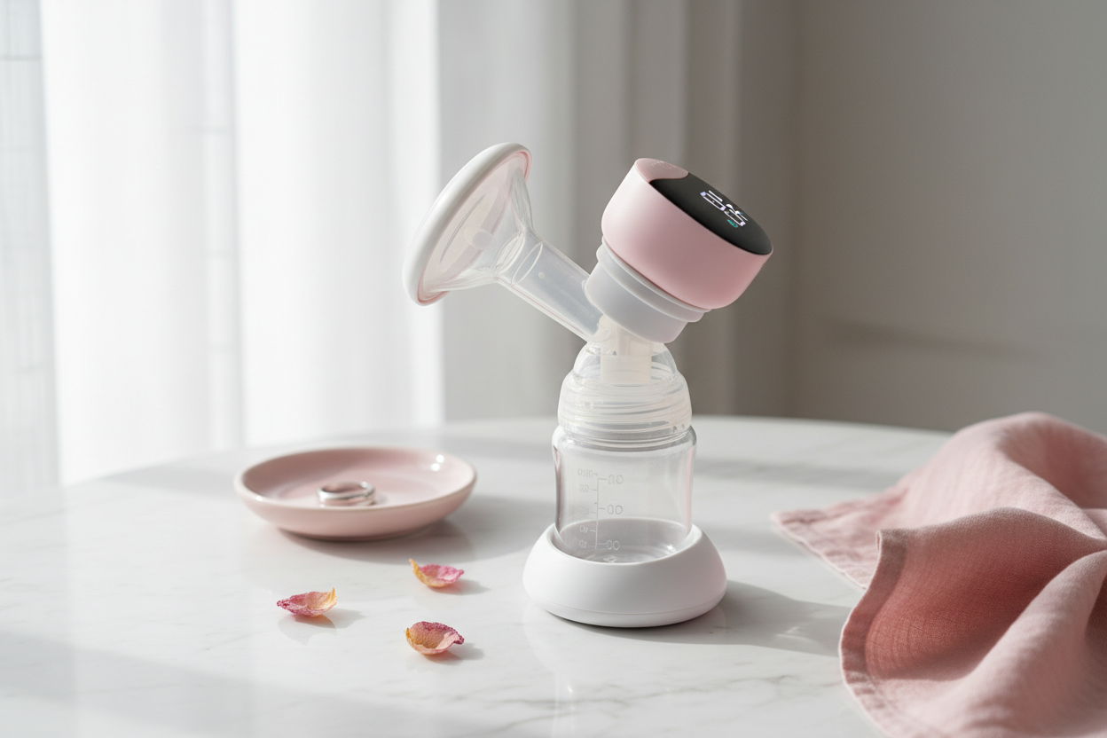 Automatic breast pump with LED display and collection bottle on white marble surface with pink accents