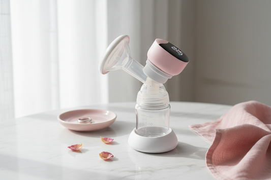 Automatic breast pump with LED display and collection bottle on white marble surface with pink accents