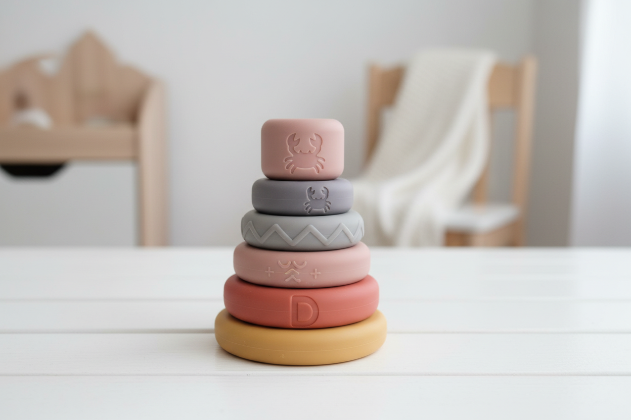 Colorful soft silicone baby stacking rings on white wooden surface with natural light