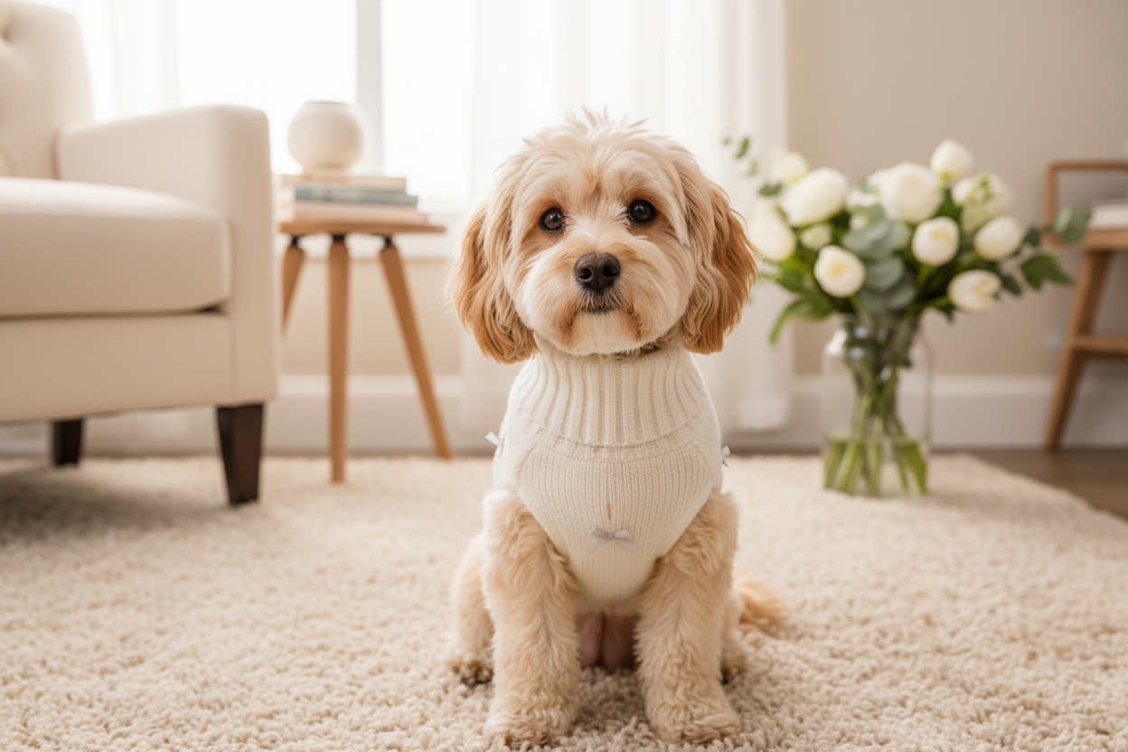 Dog wearing cream knit sweater with silver bows in cozy home setting