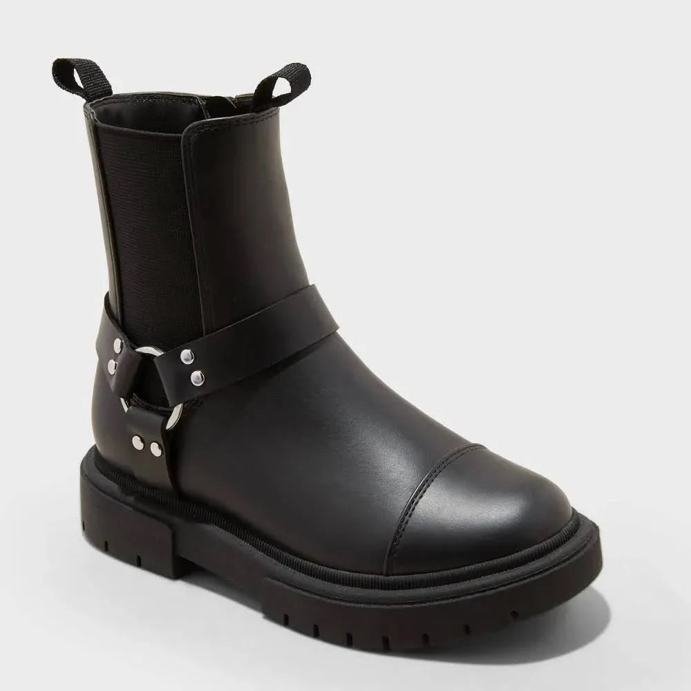 Art Class Girls Black Moto Chelsea Boots – Silver Harness Buckle – Size 13 – NWT