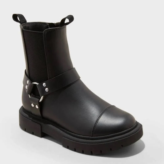 Art Class Girls Black Moto Chelsea Boots – Silver Harness Buckle – Size 13 – NWT